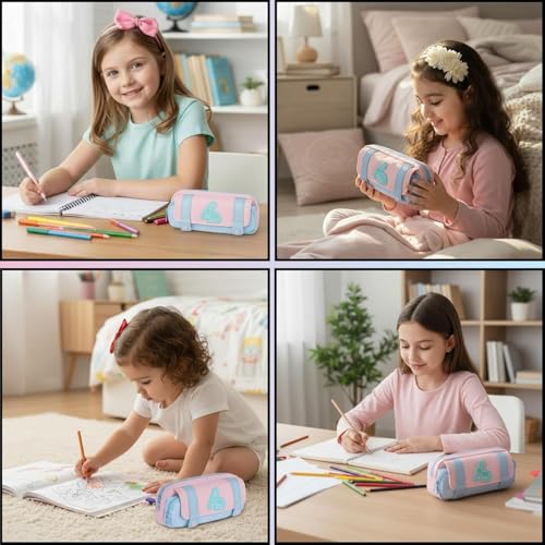 Image of Kawaii Cute Aesthetic Pencil Case for Students | Large Capacity Multi-Pocket Pencil Pouch with Zipper | Cartoon Stationery Organizer Bag for School, College & Office Supplies (Pink)