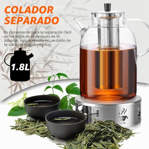 Miniatura 3 de Goedch Tetera De Cristal De 1,8 L Con Calientador: Tetera De Cristal Con Colador, Tetera De Cristal Con Colador, Tetera Con Colador Y Calientaplatos, Mantiene El Calor Prolongado, Calentador De Té De