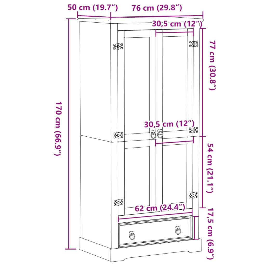 Gecheer Corona Armoire penderie 2 portes en bois de pin massif 76 x 50 x 170 cm