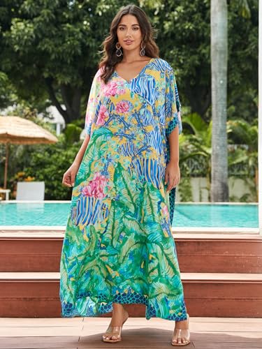 Image of IMAGEKOPE Women's Plus Size Loose Fit Moroccan Print V-Neck Batwing Kaftan Beach Dress Bathing Suit Cover Up