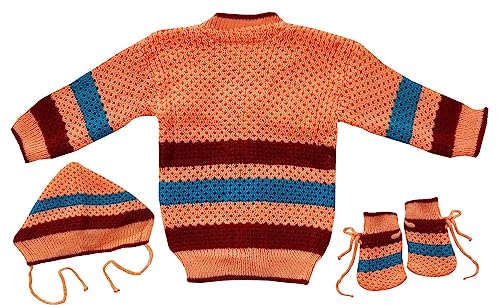 Image of little PANDA Unisex Baby Sweater Woollen Knitted Full Sleeves Sweater with Cap and Booties Set Woolen Sweater Baby Boys and Baby Girls