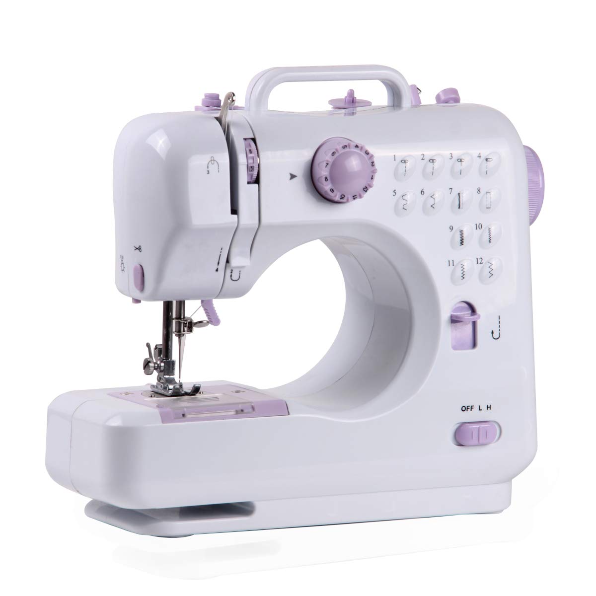 PRIXTON P110 - Mini Maquina de Coser Portatil con Cajón para Accesorios, Lámpara Integrada y 12 Tipos de Puntadas Diferentes, Incluye Pedal, Dimensiones 26x25x11.5 cm (Reacondicionado) (Lila)