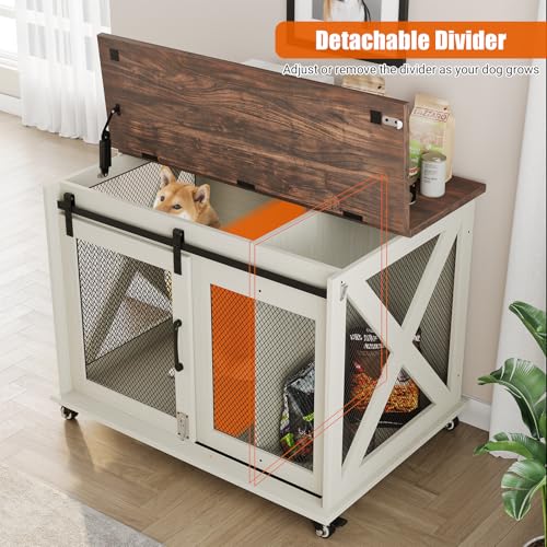 GarveeLife 37 in Dog Crate, Farmhouse Dog Crate Furniture with Sliding Barn Door, Flip Top Wooden Dog Kennel End Table with Wheels and Movable Divider, Indoor Dog Cage House for Medium Dogs by GarveeLife - Image 4