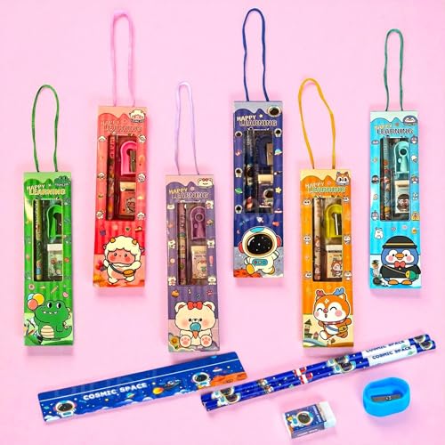 Image of Birthday Popper 4-in-1 Cartoon Stationery Set for Kids - Pack of 6 as Birthday Return Gifts | Classroom Rewards, School Supplies for Boys & Girls - Type 5