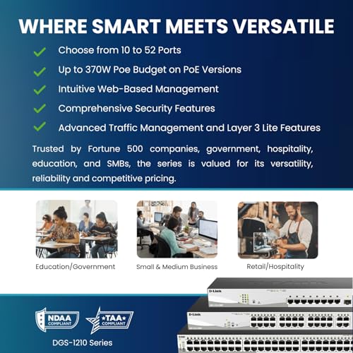 Image of D-Link 28-Port Gigabit Smart Managed PoE+ Switch, 24 PoE+ Ports (370W) + 4 SFP Combo Ports, L2+, VLANs, Web Managed, Surveillance Mode, Rackmount, Energy Efficient, NDAA Compliant (DGS-1210-28MP)