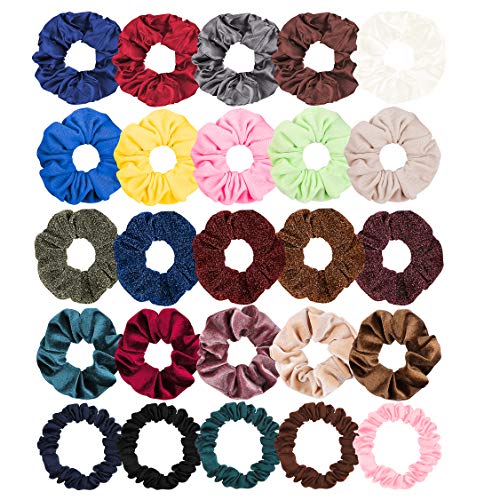 WATINC 25Pcs Satin Hair Scrunchies Glittery Hair Ties Strong Elastic Cotton Hair Bobbles for Ponytail Holder Colorful Traceless Hair Bands Velvet Hair Accessories Ropes Scrunchie for Women