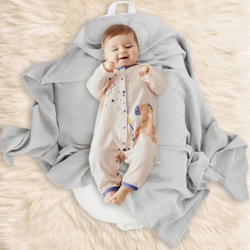 Winmany 2Pack Baby Muslin Swaddle Blankets Newborn Boy Girl Nursery Receiving Blanket Swaddling Wrap Baby Essentials for All Year 100x100cm/40x40in (Blue+Grey) - Image 4