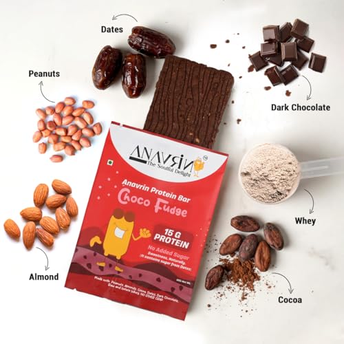 Image of ANAVRIN Choco Fudge Protein Bar - 15g Protein, 4g Fibre in each bar (6 Bars x 50gm) No Added Sugar, Goodness of Dates, No Soy, No Preservatives Gluten Free High Energy Protein Bar Healthy Snack