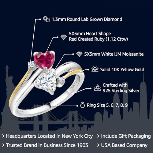 925 Silver and 10K Yellow Gold Gemstone Birthstone White Moissanite and Accent Lab Grown Diamond 2-Heart Promise Ring | Heart Shape 5MM | Round 1.3MM | Two-Tone Couple Engagement Mother Ring2