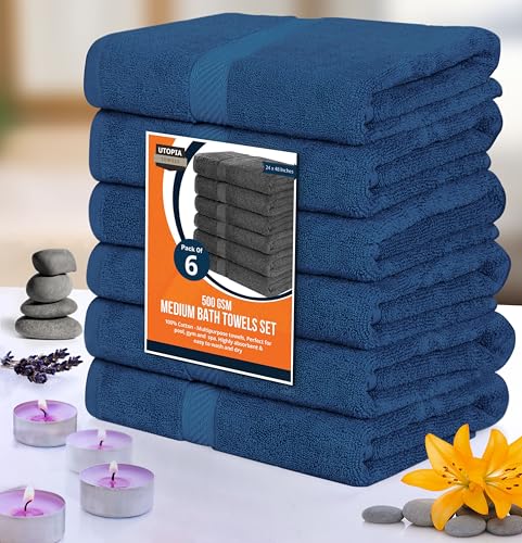 Image of Utopia Towels 6 Pack Medium Bath Towel Set, 24 by 48 Inches, 500 GSM 100% Ring Spun Cotton, Lightweight and Highly Absorbent Quick Drying Premium Towels for Hotel, Spa and Bathroom, Navy