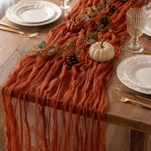 Sioloc Terracotta Table Cloth Cheesecloth Table Runner 10ft Rustic for Tea Wedding Party Baby Bridal Centerpiece Fall Decor for Home Halloween Thanksgiving