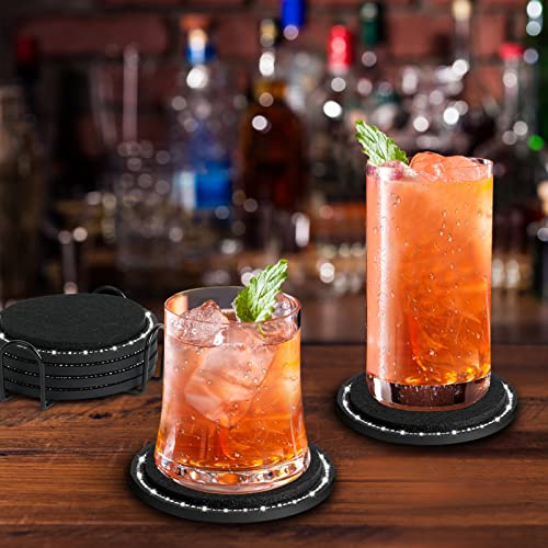 Coasters For Drinks With Holder,Avkast 6Pcs Silicone Drink Coasters With Soft Felt Insert Bling Rhinestone Absorbent Coasters For Coffee Table Desk Office Bar Home- Black #TOP4