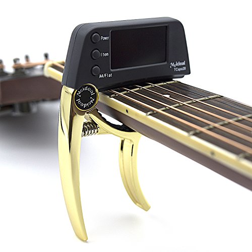 Professional Guitare Capo Tuner, Loftstyle chromatique Accordeur à pince avec lumière de rotation double écran couleur LCD écran une seule main Capodastre de Guitare en métal Golden