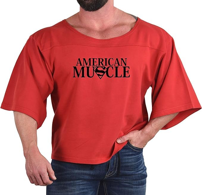 Men's T-Shirt in Red Oversize Bodybuilding and Fitness Workout Rag Top Cotton Shirt with Black American Muscle Design