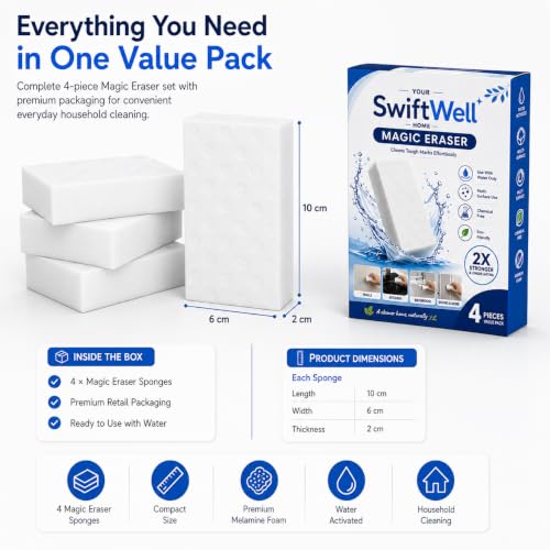 Image of Magic Cleaning Sponge Eraser | Melamine Foam Cleaning Pad for Kitchen Bathroom Wall Shoes Tiles Sink Steel Glass Multi Surface Cleaning | White Cleaning Block (Pack of 4)