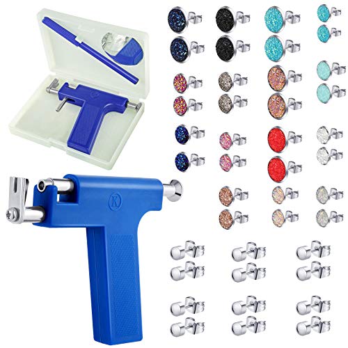 Stainless Steel Body Ear Piercing Tool Ear Nose Navel Piercing Machine Ear Piercing Kit, with 21 Pairs Stud Earrings 8 mm 10 mm 12 mm Round Earrings for Salon Home Use