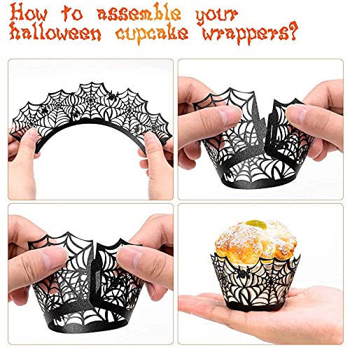 Halloween Cupcake Wrappers - 100 Pcs Halloween Cupcake Liners Black Baking Cups Holders Witch Ghost Castle Bat Spider Web Cupcake Toppers For Halloween Party Decoration #TOP6