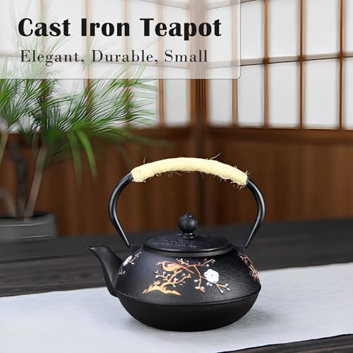 Image of Cast Iron Teapot SECHUDO Teapot for Stovetop Safe Coated with Enameled Interior,Japanese Beautiful Tea Kettle with Stainless Steel Infuser for Loose Tea (30.4oz Plum Blossoms and Bird Pattern)