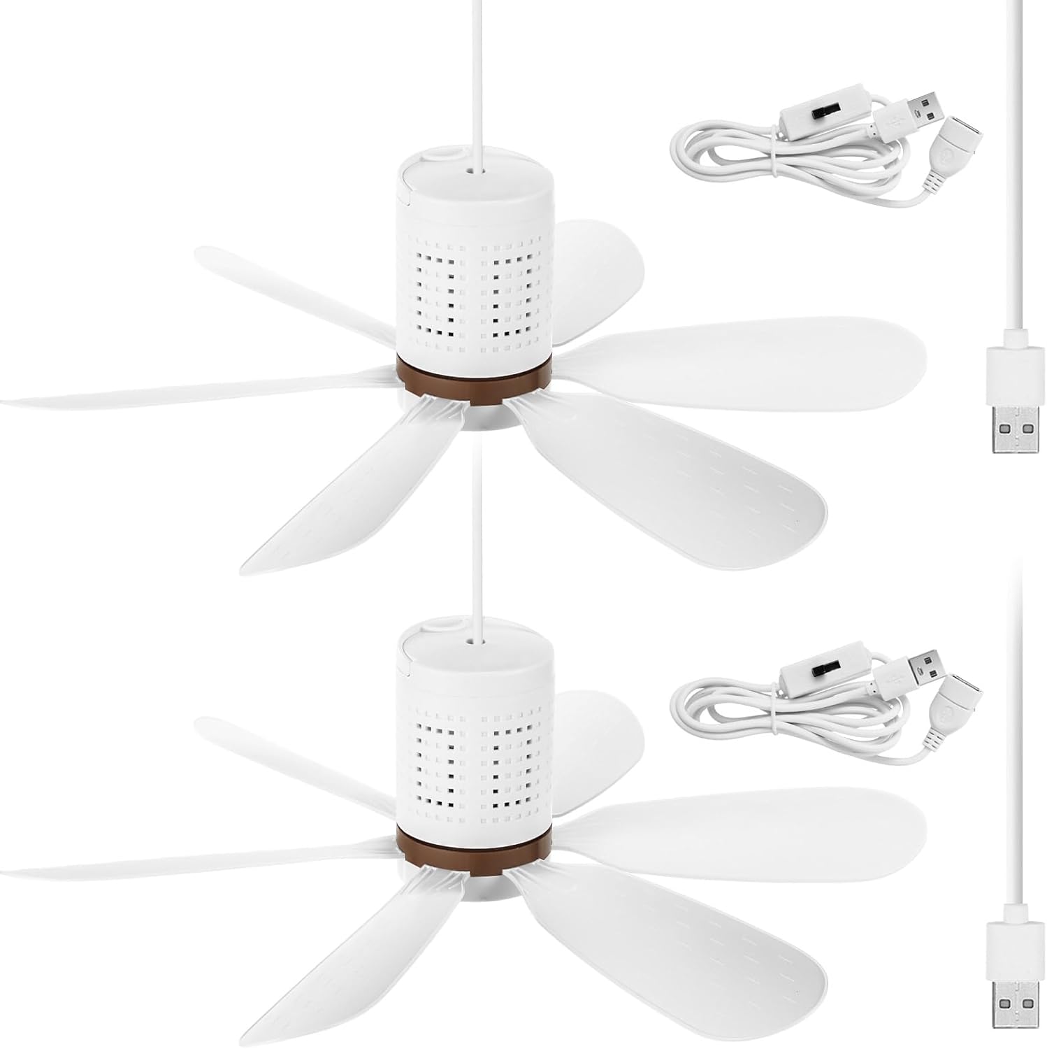 2 Set Small Portable USB Powered Ceiling Fan Mini Silent Six Blades Quiet Camping Hanging Fan with Speed Switch, USB for Camping Bedroom Office Living Room Tent Canopy(3.2m)