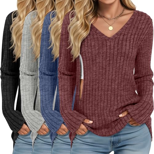 Image of Yearntown 4 Pack Women's Maternity Nursing Tops, V Neck Breastfeeding Sweaters Long Sleeve Hidden Zipper Shirts