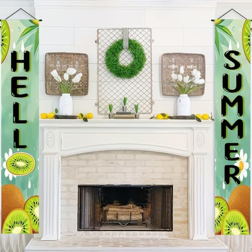 Image of BlissYard 2pcs Hello Summer Door Banner Kiwi Porch Banner Sign Sweet Green Summer Sunshine Front Door Hanging Decor Banners for Seasonal Home Hawaii Tropical Party Outdoor Decorations
