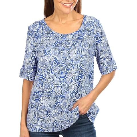 Coral Bay Womens Shell Swirl Boat Neck Top Large Blue/White Cover