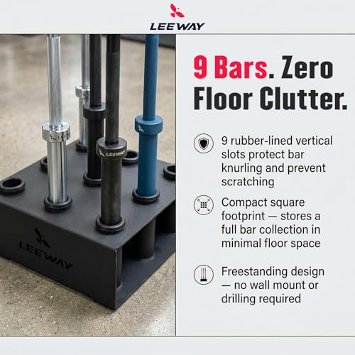 Image of Leeway Barbell Holder, 9-Slot Vertical Olympic Barbell Stand for 2-Inch Bars | Heavy-Duty Steel Rack for Curl Bar, Hex, Trap & Multi-Grip Bars | Space-Saving Home Gym Organizer, Black