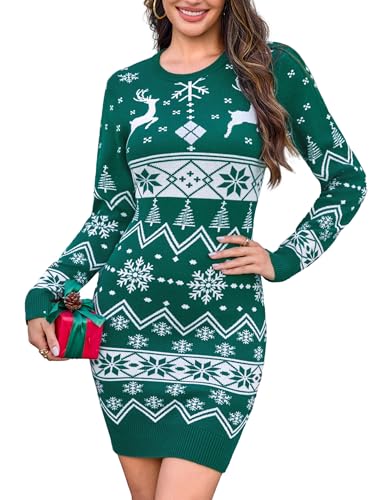 Aottori Kleid Damen Weihnachten Elegant Weihnachts Strickkleid Rundhals Weihnachtskleid Langarm Winter Festliches Strickpullover Lang für...