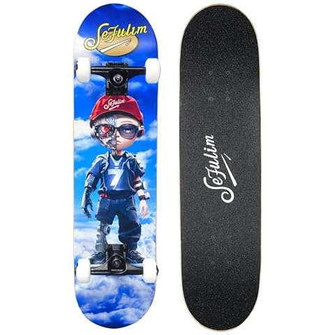 Sefulim 31 x 8 Inch Complete Skateboard 7 Layer Canadian Maple Double Kick Deck Concave Cruiser Trick Skateboard for Boys Girls Teens Adults Beginner (AI Boy) Cover