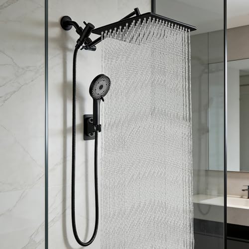 Image of 12 Inch Shower Head, Rain Shower Head with Adustable Extension Arm, Detachable Matte Black Rina Shower Head with Handheld Spray, High Pressure Shower Hose with Holder in Bathroom(Black)