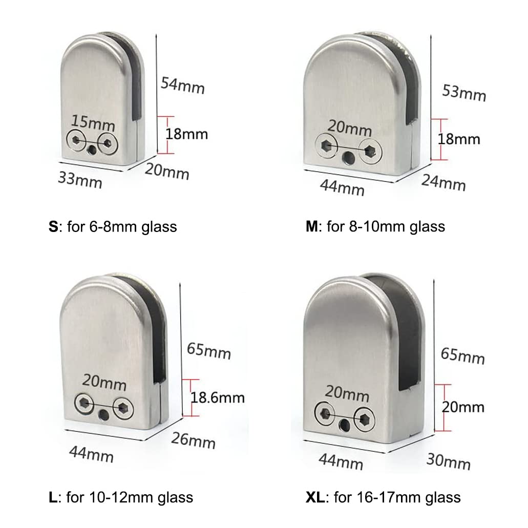 Pince de serrage pour verre - Collier de serrage réglable en acier inoxydable argenté - Lot de 4 pour escalier, main courante, salle de bain - Verre de 16-17 mm