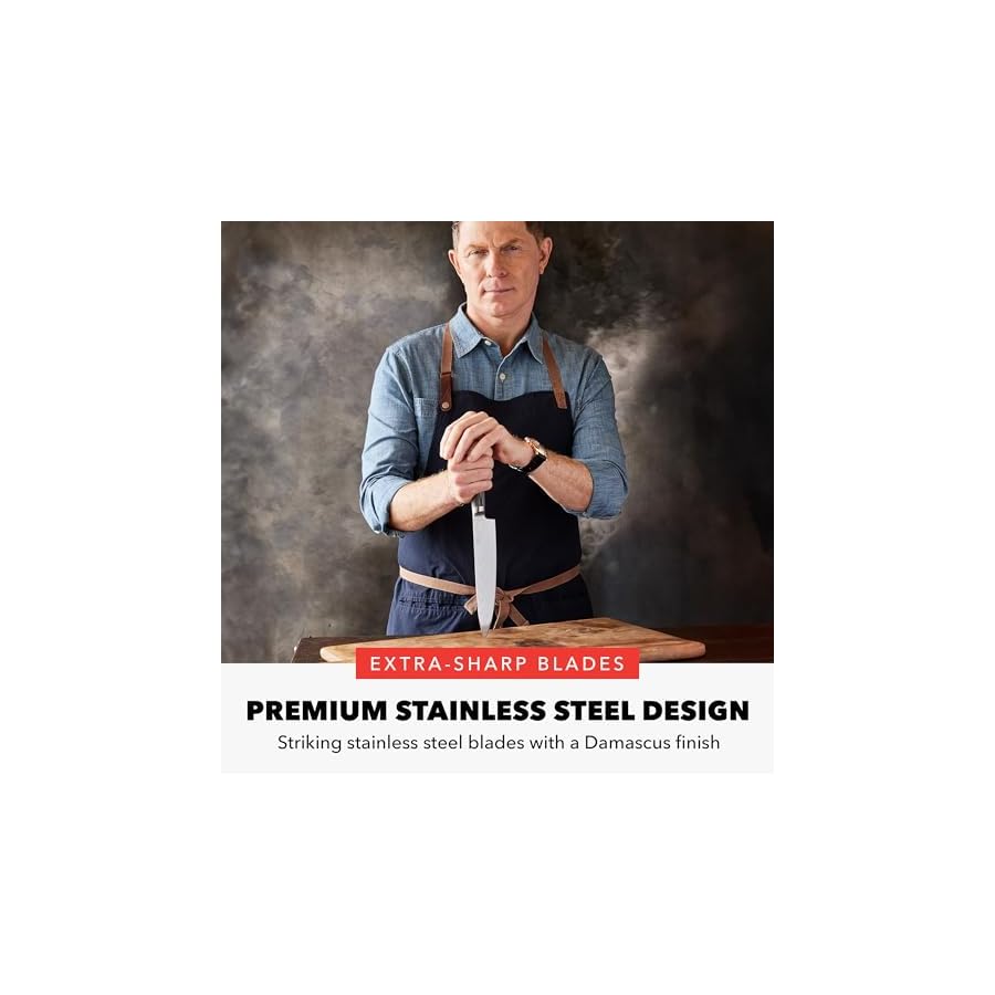 GreenPan x Bobby Flay 13 Piece Stainless Steel Cutlery Kitchen Knife Block Set, Premium Stainless Steel Blades, Acacia Wood Knife Block, Hand Finished Wood Handle, Damascus Steel Design