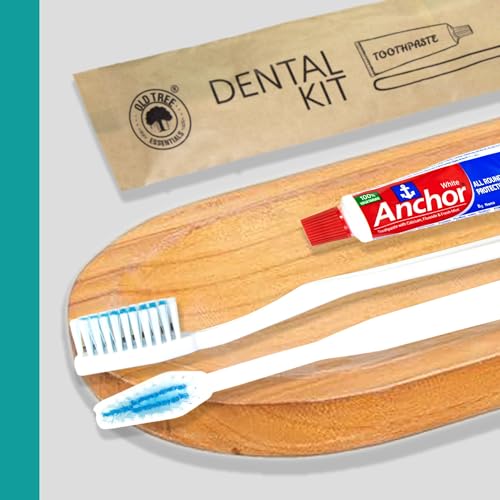 Image of Old Tree Hotel Dental Kit in Bio-Degradable Kraft Paper Pouches - (Pack of 100) - Includes 1 Manual Toothbrush & 8g Toothpaste | Eco-Friendly | Guest Amenities for Hotels, Guest Room Amenities Resorts, Guest Houses