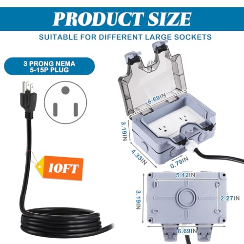 Kanayu 10 ft Outdoor Outlet Box with Extension Cord, Dual 15 AMP 5-15 Receptacles Weatherproof Waterproof IP66 Outdoor Exterior Socket with Cover, 14 AWG/3C SJTW Cord