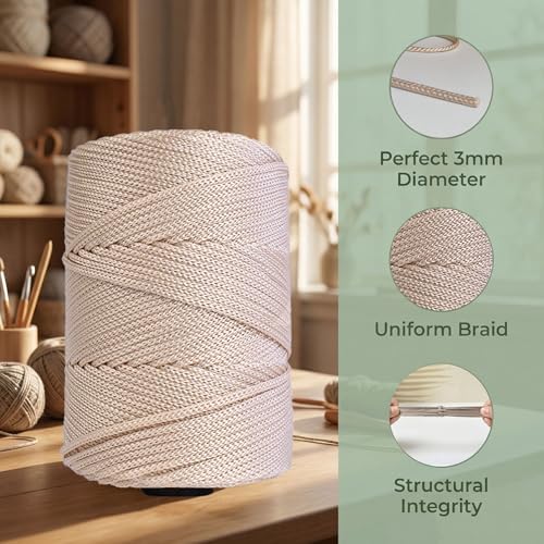 Polyester Macrame Cord 3mm x 251 Yards, Braided Crochet Yarn, Polypropylene Rope Crochet Bag Cord for Wall Hangings, Bag, Plant Hangers, Hats, Underplate, DIY Crafts, Gift for Knitter - 4