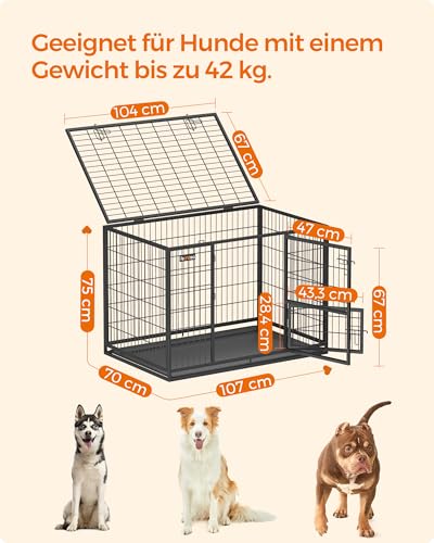 Feandrea Haustierkäfig hochbelastbar, Gitterbox, transportabel, 107 x 70 x 75 cm,für mittelgroße, große Tiere, sicher, 2 abnehmbare Türen, XL, tintenschwarz PPD001B01