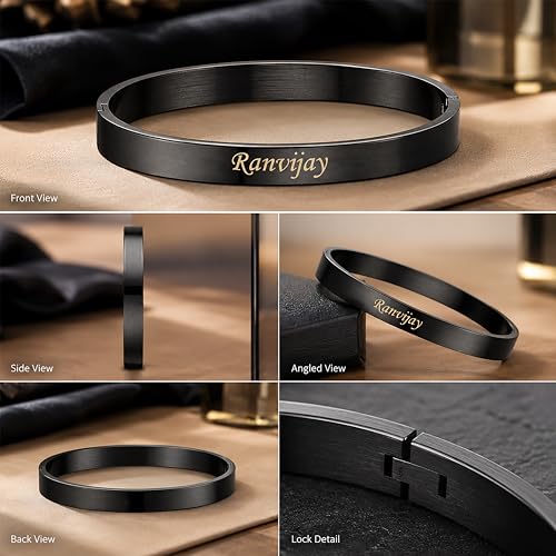 Image of SAVRI Personalized Stainless Steel Lock Kada /Braclet With Your Name Or Small Positive Inspirational Quote Or Message Engraved | Ideal Gift For All Occasions.