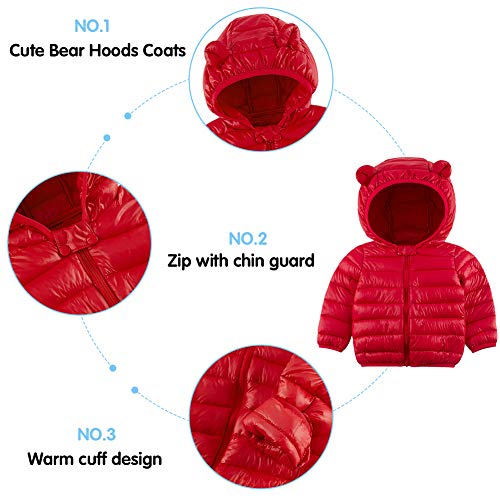 Baby Boys & Girls Down Alternative Winter Warm Hoodie Jacket Coats Cute Red Padded Light Puffer Jacket Coat for Snow Rain or Cold Weather 2-3 Years Old