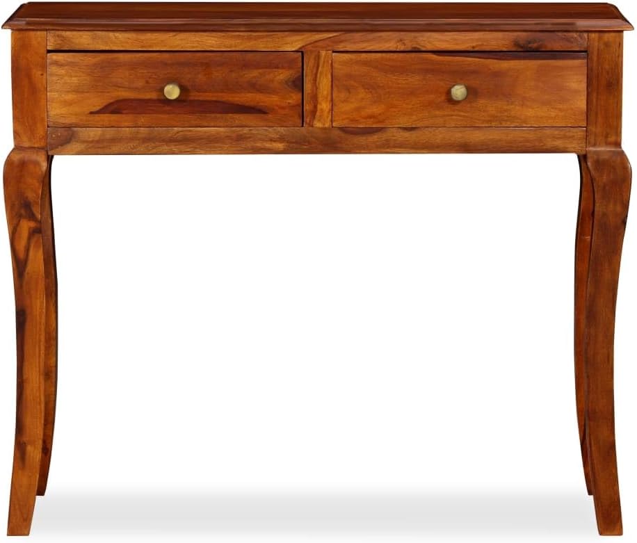 Solid Acacia Wood Console Table Natural Brown Medium Size 35.4 x 12.6 x 29.9 in with Two Drawers for Hallway Living Room Storage and Decorative Use