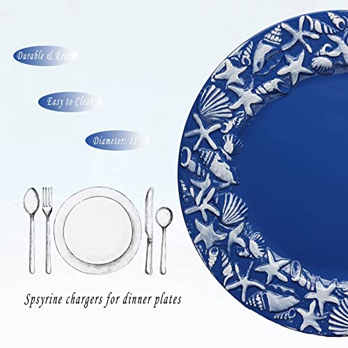 Spsyrine Baroque Navy Blue And White Charger Plates, Set Of 6 Plastic Chargers For Dinner Plates, 13" Ocean Style Nautical Beach Charger Plates, Round Chargers For Holiday Party, Wedding #TOP2