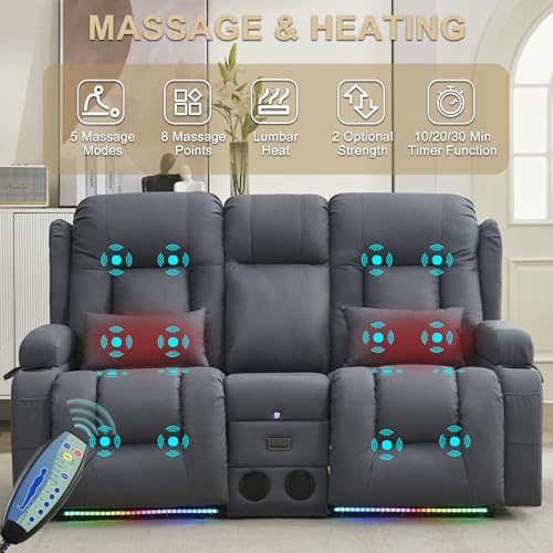 Image of URRED Power Loveseat Recliner Sofa with Massage and Heat, Wall Hugger Reclining Loveseat with Console, RV Couch Home Theater Seating with LED Lights for Living Room (Blue Grey, 67 inch - 2 Seats)