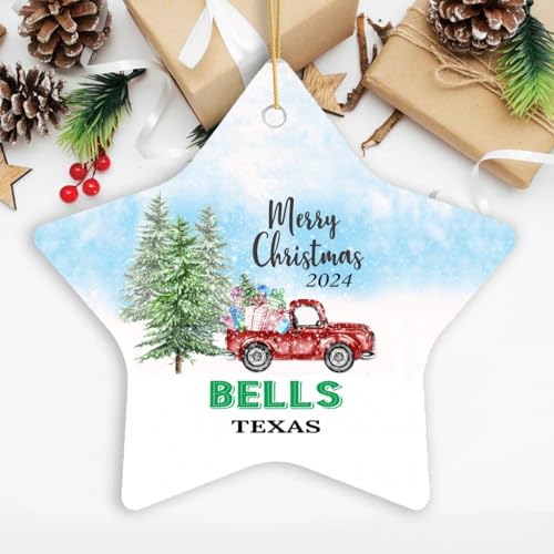 Christmas Ornament Bells TX Ornaments Gifts Ideas Bells Texas New Home Town 2024 Keepsake Housewarming for Family Friend Star 3''