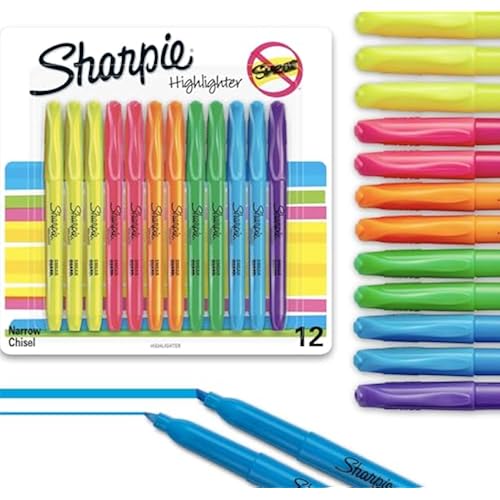 Sharpie Pocket Highlighters, Chisel Tip, Quick Dry, Assorted Fluorescent Colors, 12 Count - For Studying, Note-Taking, School, College, Office, Student & Teacher Supplies
