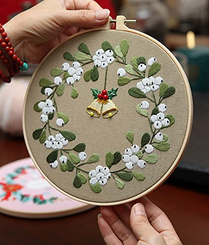 Image of Christmas Desktop Wall Decorations Hand Embroidery DIY Beginner Mistletoe Pattern Material Kit with Tutorial, Embroidery Thread, Professional Embroidery Needle and 7.9 inch Bamboo Embroidery Bandage