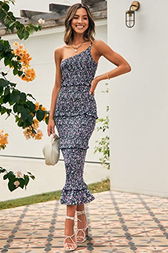 Image of PRETTYGARDEN Women's Summer Midi Bodycon Dresses One Shoulder Strappy Tiered Ruffle Floral Boho Sun Dress