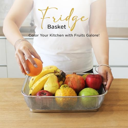 Image of Zupa Rust-Proof Stainless Steel Rectangular Strainer & Storage Basket | Multipurpose Fruit, Vegetable & Fridge Organizer (Silver) | 32 X 24 X 7 CM | Set of 2
