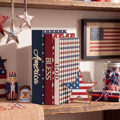 SiliFine 4 Pcs 4th of July Decorations, Patriotic Faux Decorative Books with Wooden Star Signs, 250th Tabletop God Bless America Decor, Independence Day Centerpieces Decor for Home Tiered Tray Mantel — view 4