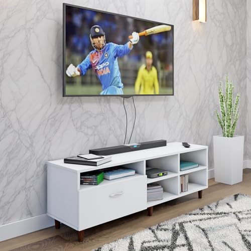 Image of VIKI Modern TV Unit for Living Room | Engineered Wood TV Cabinet with 1 Drawer Storage & 3 Open Shelves, Set Top Box Stand, Entertainment Unit, 140W x 48H x 40D cm | DIY | 1 Year Warranty (White)