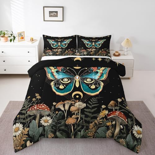 Erosebridal Bohemian Moth Full Bedding Set,Green Trippy Butterfly Wild Animals Comforter Set for Boys Girls,Starry Sky Stars Moon Phase Quilt,Daisy Flowers Mushroom Plants Duvet Set,3 Piece