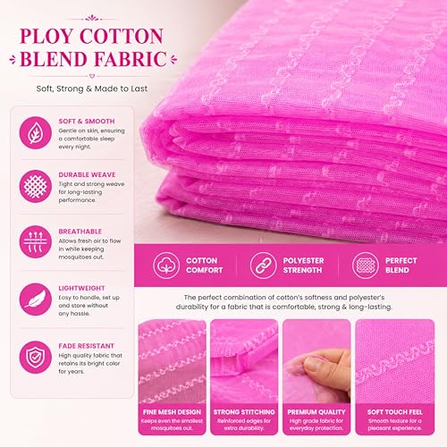 Image of Mosquito Net for King Size Bed & Double Bed (6x7 ft, Wall /Hook Hanging) Poly-Cotton Blend Fabric with Zigzag Wave Line Pattern, Pre-Fitted Bottom & Cotton Ribbon (Frame Not Included-Bright Pink)